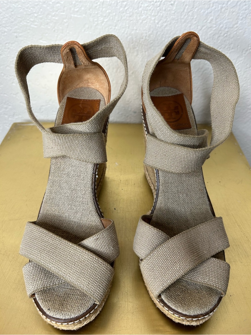Tory Burch Beige Canvas Ankle-Wrap Wedge Sandals